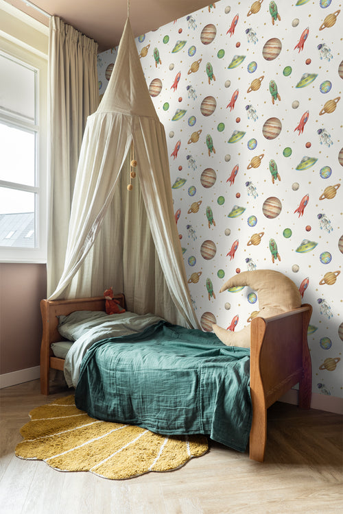 Sanders & Sanders behang planeten in de ruimte wit, groen en rood - 53 cm x 10.05 m - 935346