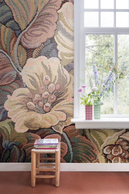 ESTAhome fotobehang geborduurd bloemmotief terracotta roze - 250 x 279 cm - 159506