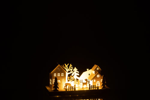 J-Line decoratie Kerstdorp Winter Huizen - hout - naturel/wit - small - LED lichtjes - vtwonen shop