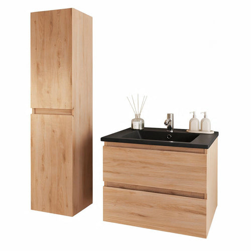 LOMAZOO badmeubelset Verona - met kolomkast & zwarte wastafel - licht eiken - 60 cm