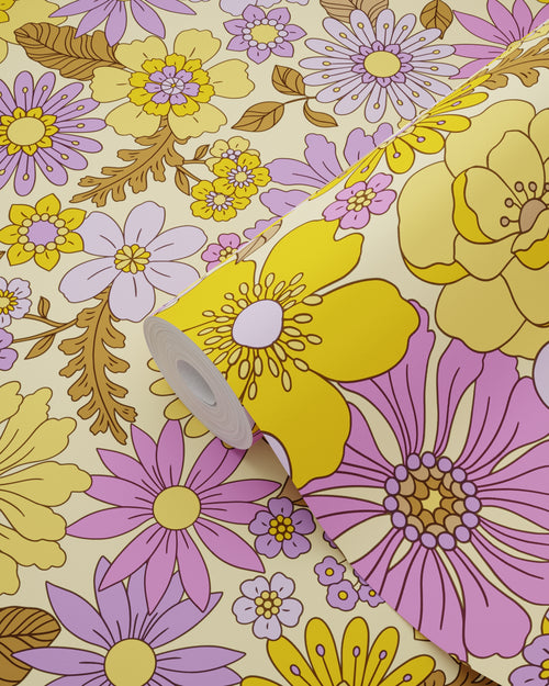 ESTAhome behang retro bloemen geel en paars - 50 x 900 cm - 131807