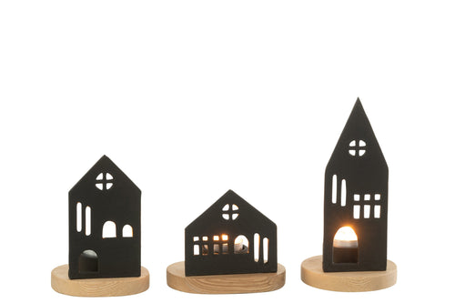 J-Line kaarshouder Huis - aluminium/hout - zwart - 3 stuks