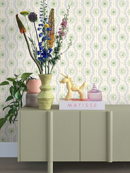 ESTAhome behang retro ornamenten beige, blauw en groen - 50 x 900 cm - 132015