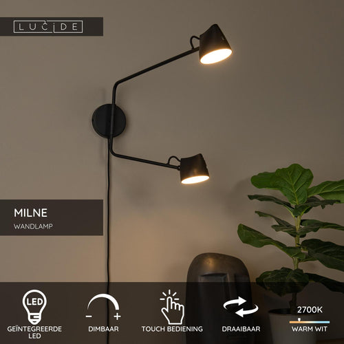 Lucide wandlamp MILNE - Geïntegreerde LED - Zwart