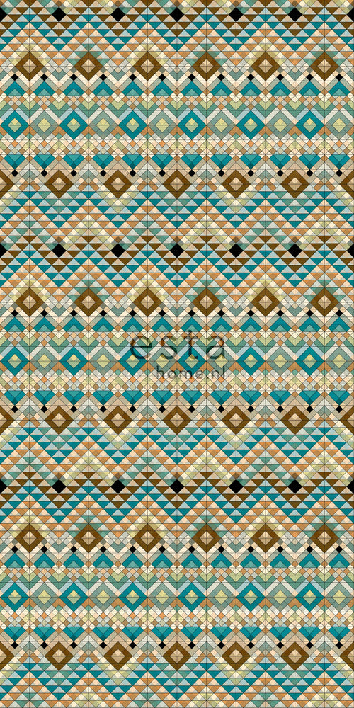 ESTAhome XXL behang Aztec-motief turquoise, beige en zeegroen - 50 x 900 cm - 158601
