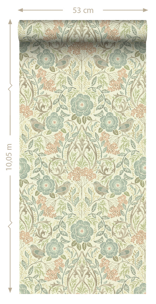 ESTAhome behang bloemen en vogels in art nouveau stijl vergrijsd blauw, bruin en oudroze - 0,53 x 10,05 m - 139323 - vtwonen shop