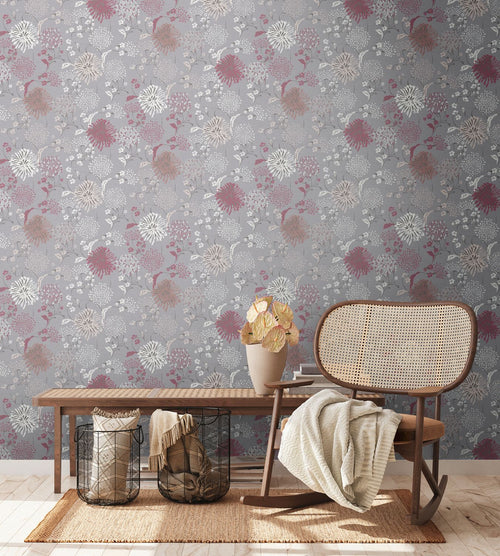 Livingwalls behang bloemmotief grijs, wit, rood en lila paars - 53 cm x 10.05 m - AS-389002 - vtwonen shop