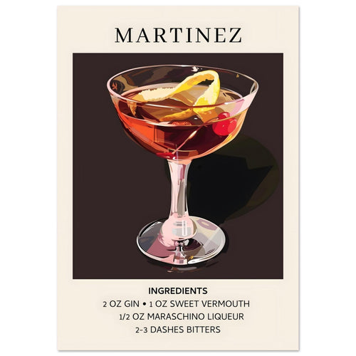 Artfulprints Poster met Lijst Martinez cocktail - Ingrediënten   - A4 21x29.7 cm - Zwart