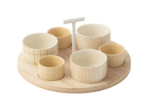 J-Line tapasplank 6 kommen + bambouschaal In Doos - keramiek/hout - wit/creme