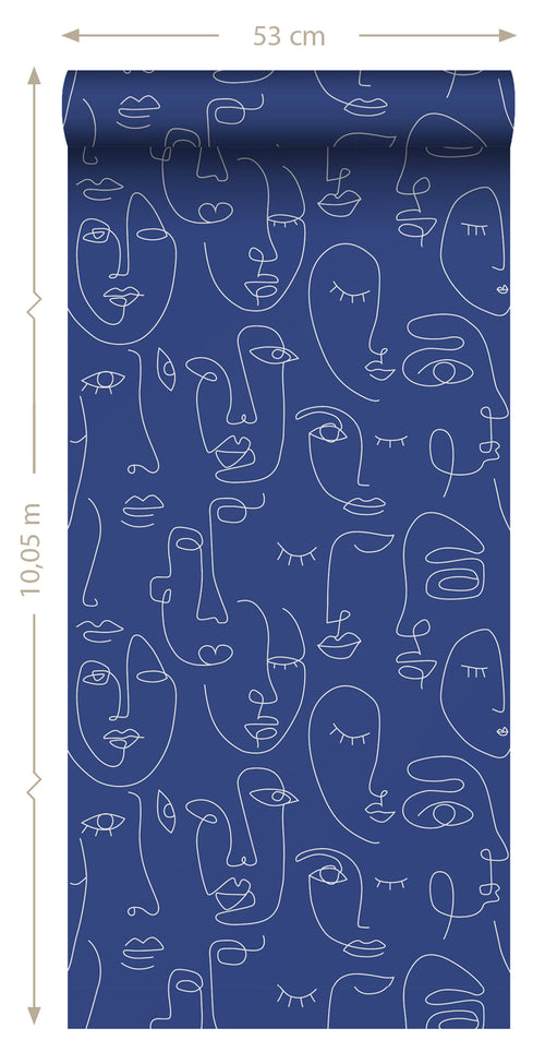 ESTAhome behang line art gezichten kobaltblauw - 50 x 900 cm - 139434