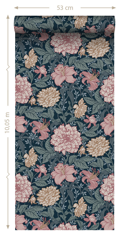 ESTAhome behang vintage bloemen blauw en oudroze - 53 cm x 10.05 m - 139382