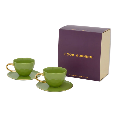Urban Nature Culture Good Morning kopje Cappuccino/Tea en bord Evergreen Sprig - set van 4 - in cadeauverpakking