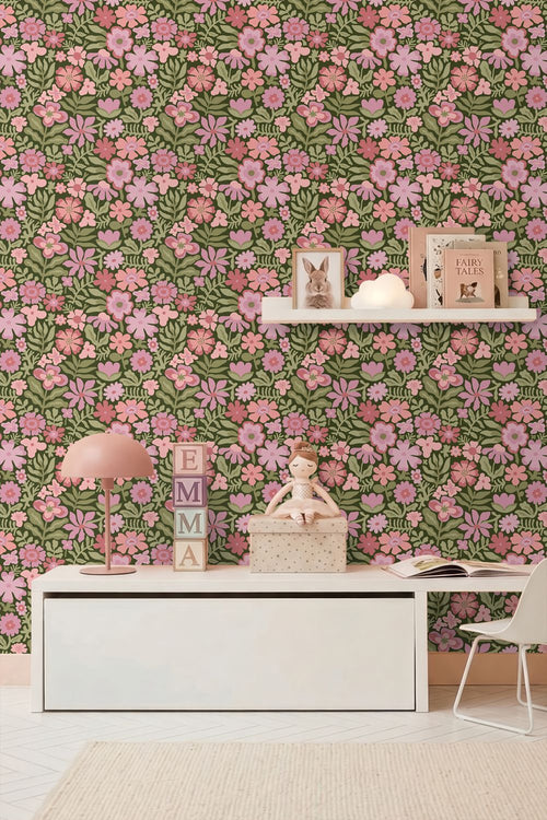 ESTAhome behang bloemetjes groen, roze en paars - 50 x 900 cm - 132293