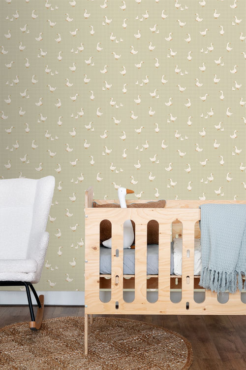 ESTAhome behang schattige ganzen vergrijsd groen - 50 x 900 cm - 132189