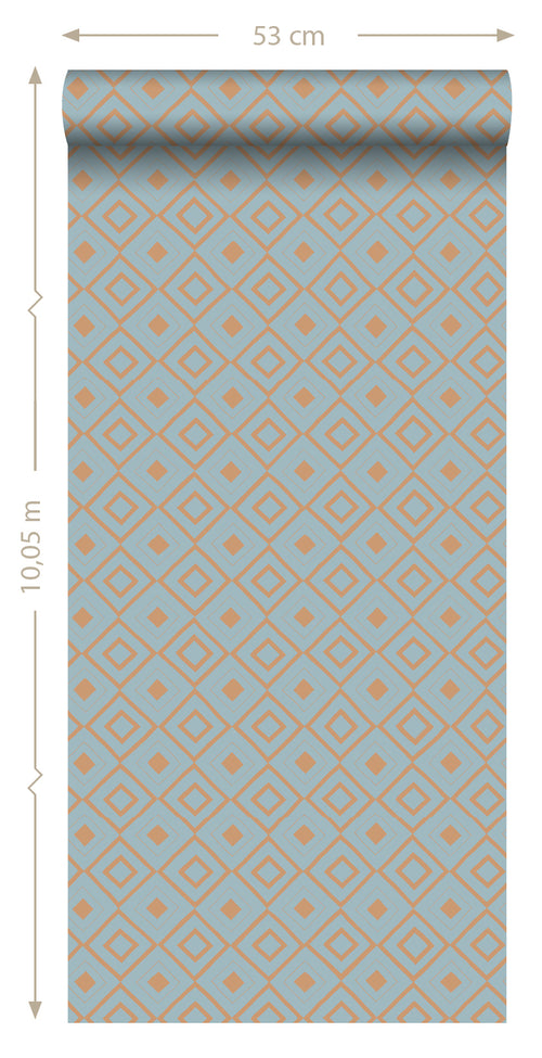 ESTAhome behang ruiten vintage blauw en glanzend koper bruin - 53 cm x 10.05 m - 128830