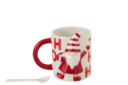 J-Line mok + lepel Kerstman Dolomiet - keramiek - wit/rood - vtwonen shop