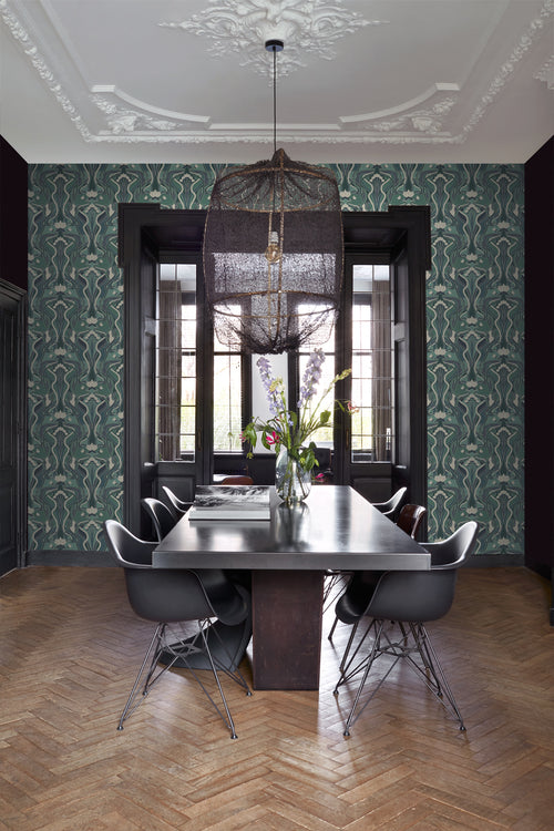 ESTAhome behang vintage bloemen in art nouveau stijl vergrijsd groen en blauw - 50 x 900 cm - 139894 - vtwonen shop