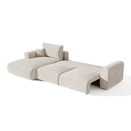 Premium Interiors - Linkshoekbank met slaapfunctie en opbergruimte COMO - zacht aanvoelende geweven stof crème 297cm