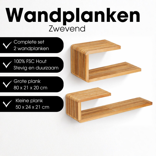 Mica Decorations Josha Wandplank Zwevend - Zwevende Boekenplank Set van 2 - 80 x 21 x 20 cm - Wandplank Hout Gerecycled - Onzichtbaar Ophangsysteem -