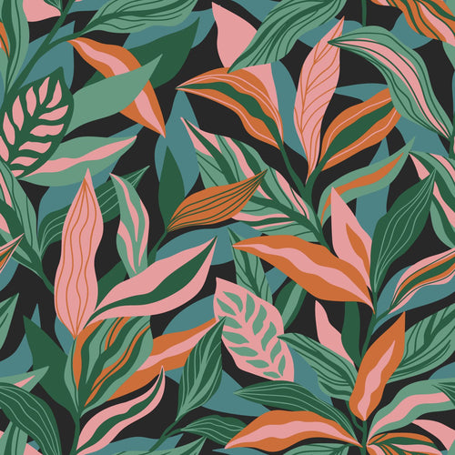 ESTAhome behang tropische bladeren turquoise, roze en oranje - 50 x 900 cm - 131046 - vtwonen shop