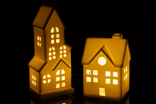 J-Line decoratie Huis 4 Ramen - keramiek - wit - LED