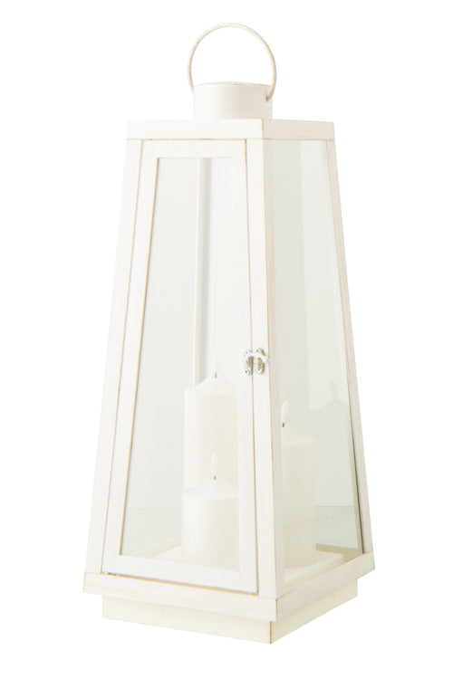 J-Line lantaarn + kaars - glas - wit - large - LED lichtjes