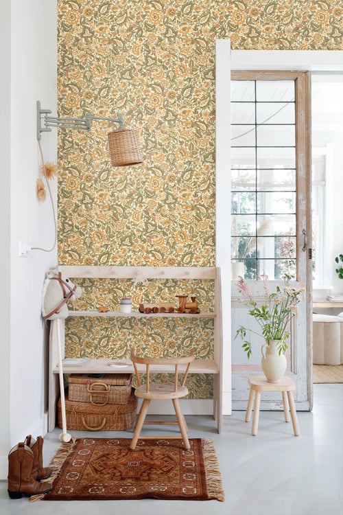 ESTAhome behang vintage bloemen geel en groen - 50 x 900 cm - 131493