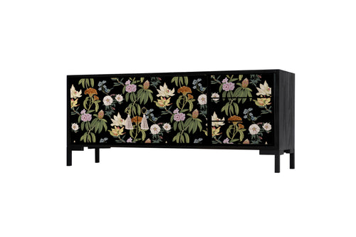 Meubel TV 2 deuren 3 lades JAN gelakt MDF met bloemenprint op zwarte achtergrond - vtwonen shop