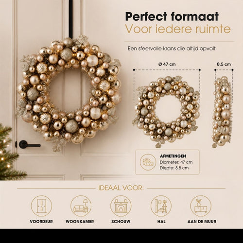 Mica Decorations Kerstkrans met Verlichting - Deurkrans H8,5 x Ø47 cm - Kerst Krans met Timer en Kerstballen  - Multifunctionele Kerstversiering -