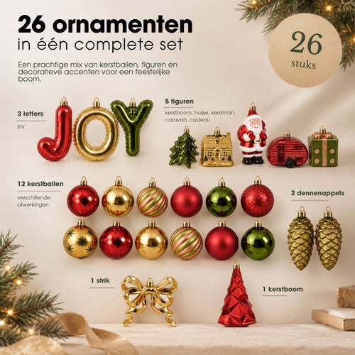 Mica Decorations Kerstornamentenset JOY - Set van 26 Onbreekbare Kerstballen in Rood, Donkergroen en Goud - Kerstboomversiering van Gerecycled