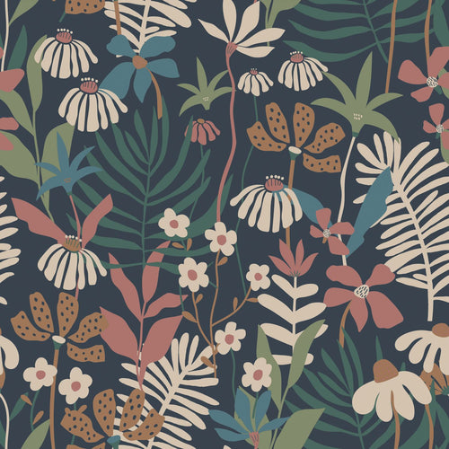 ESTAhome behang tropische bladeren en bloemen donkerblauw en meerkleurig - 50 x 900 cm - 130999 - vtwonen shop