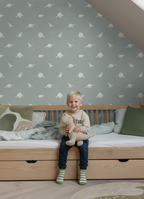 ESTAhome behang dinosaurussen vergrijsd mintgroen - 53 cm x 10.05 m - 139284