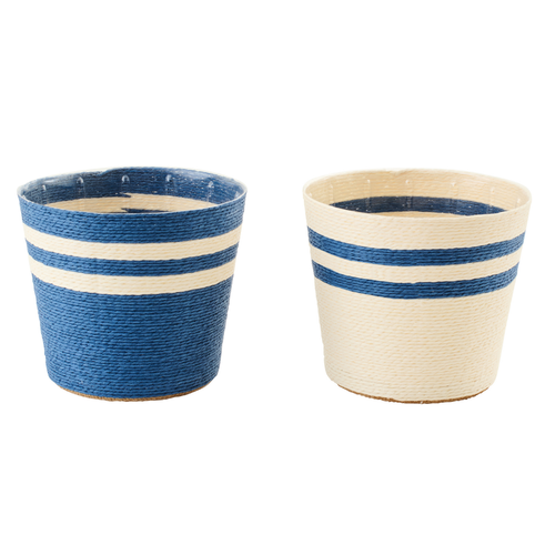 J-Line bloempot Gestreept - papier - wit/blauw - medium - set van 2