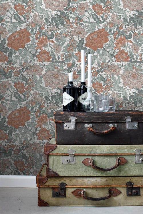 ESTAhome behang vintage bloemen blauwgroen en terracotta - 50 x 900 cm - 131193 - vtwonen shop