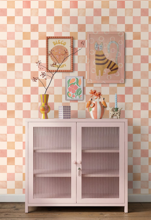 ESTAhome behang geblokt motief beige, oranje en roze - 50 x 900 cm - 131719