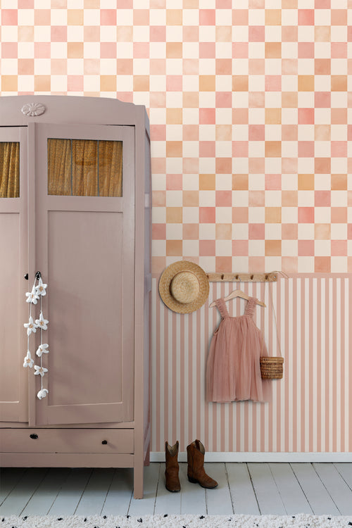 ESTAhome behang geblokt motief beige, oranje en roze - 50 x 900 cm - 131719