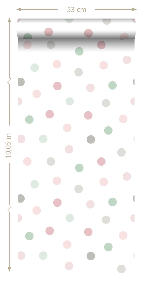 ESTAhome behang stippen roze, groen en grijs - 53 cm x 10.05 m - 139040