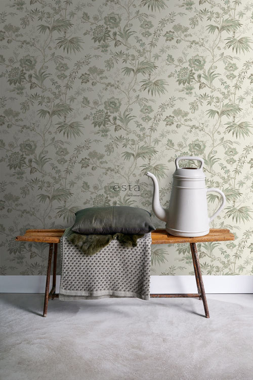ESTAhome behang vintage bloemen crème en vergrijsd groen - 53 cm x 10.05 m - 139400