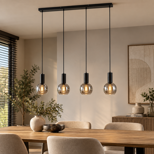Lighto | Juna | Art deco hanglamp zwart met rookglas 4-lichts | E27