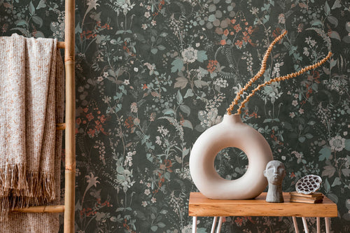 A.S. Création behang bloemen zwart, oranje en turquoise - 53 cm x 10.05 m - AS-388254
