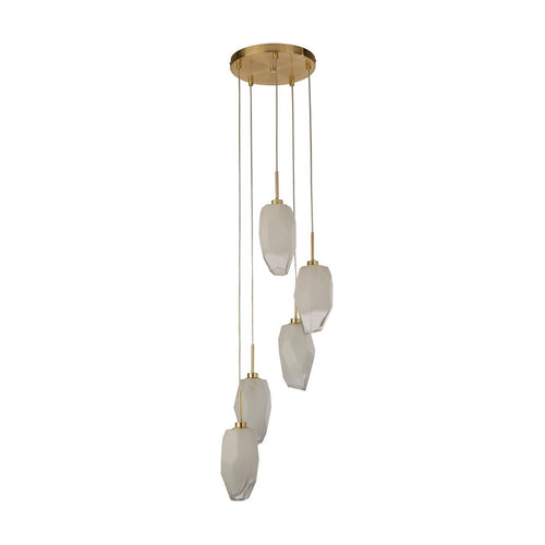 Searchlight Rocky 5-lichts clusterlamp met plafondlamp, satijnen messing metaal en glas