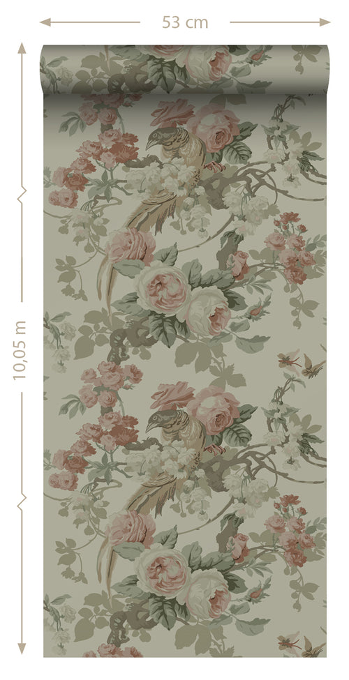 ESTAhome behang bloemen en vogels vergrijsd groen - 50 x 900 cm - 139810 - vtwonen shop