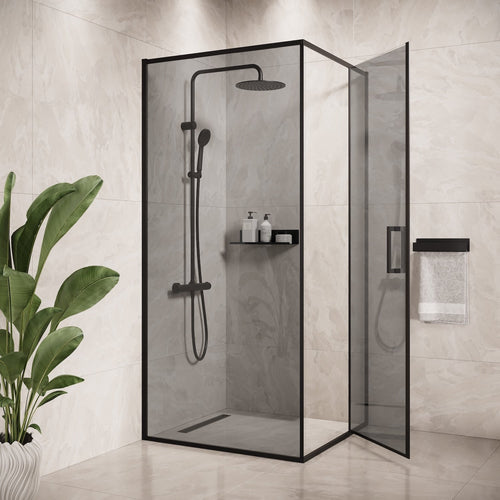 Badplaats Douchecabine Belize 90 x 90 x 190 cm – Zwart met Rookglas – Douchewand met Draaideur