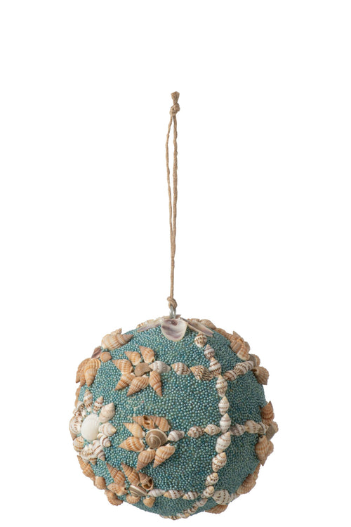 J-Line kerstbal Kralen + Schelp - kunststof - azuurblauw/wit - 12 stuks