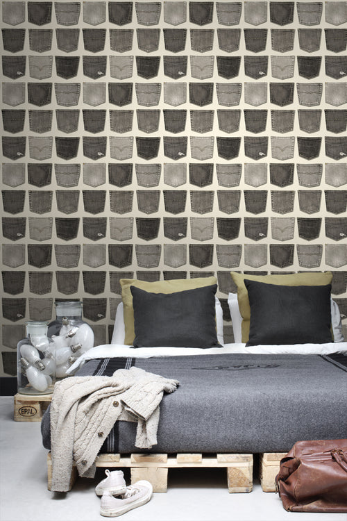 ESTAhome behang spijkerbroek zakken grijs - 53 cm x 10.05 m - 137740