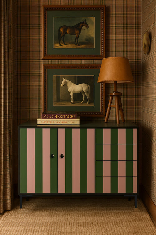 Laag dressoir van MDF met verticaal streeppatroon in groen- en rozetinten