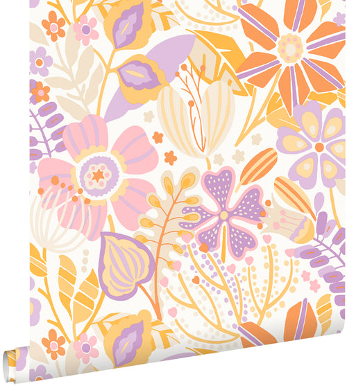 ESTAhome behang bloemmotief paars en oranje - 50 x 900 cm - 131994