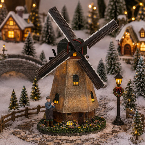 Luville Zaanse Molen Kerstdorpminiatuur - Kerstversiering met Draaiende Wieken en Warm Wit LED-licht - Kerst Decoratie voor je Polderdorp - Werkt op