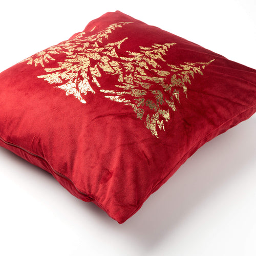 PINEGROVE - sierkussen 45x45 cm - fluweel - dennenbomen - Scooter - rood, goud