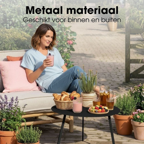 Mica Decorations Seatle Bijzettafel voor Buiten - Salontafel Rond - Plantentafel en Koffietafel - H38 x Ø58 cm - Metaal - Zwart